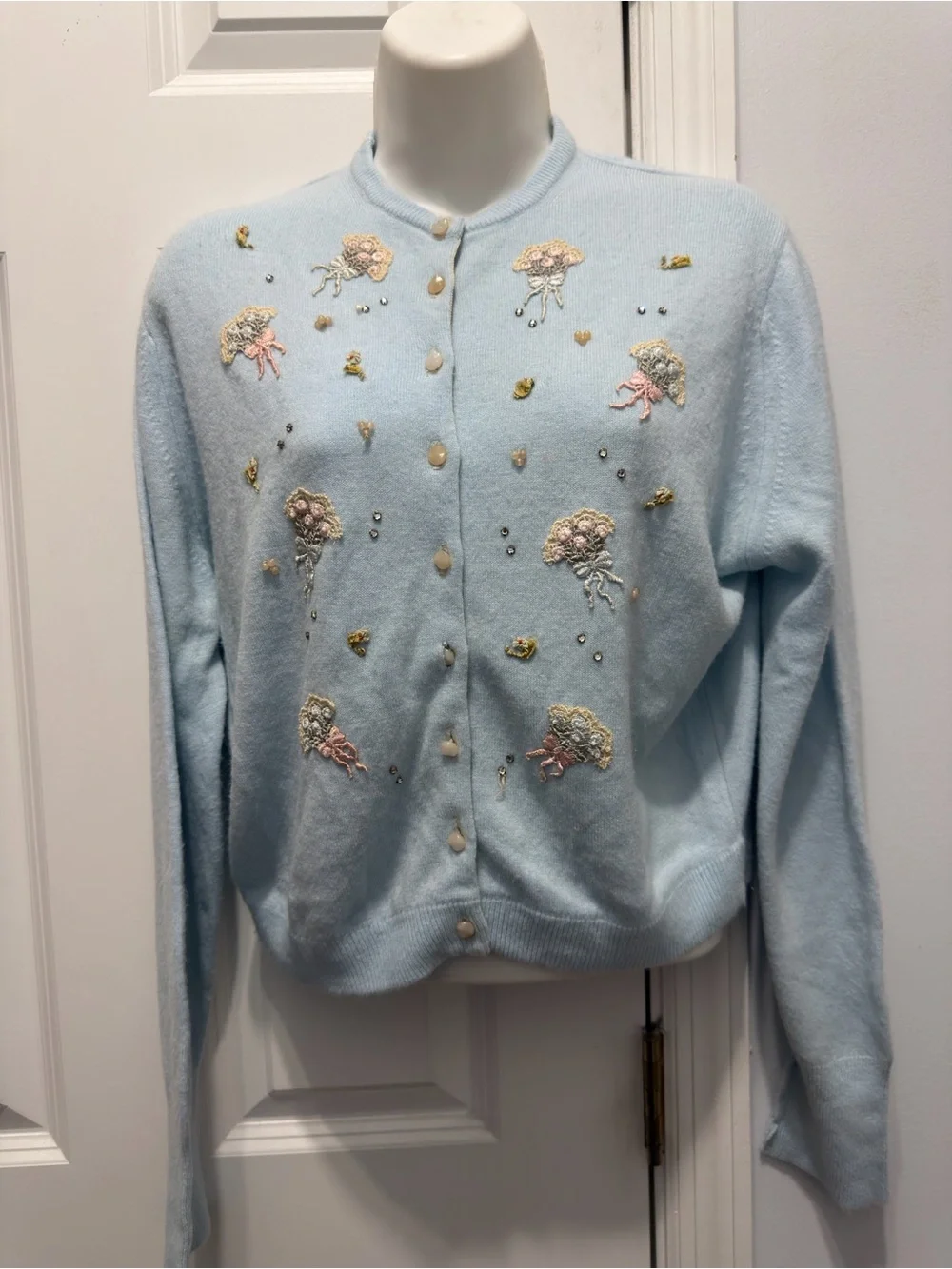 Pastel Blue Embroidered Pearl-Button Cardigan size small